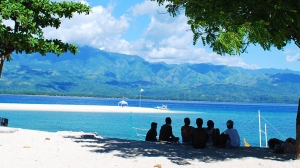 People under the shade of a tree on a beach facing the mountains